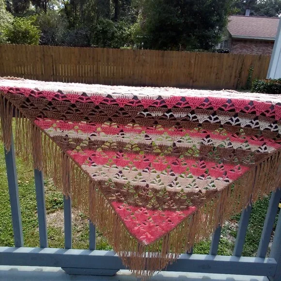Handed Crafted Crochet Shawl, Color Tan, Cream and Coral, One size fit most. - Picture 5 of 6